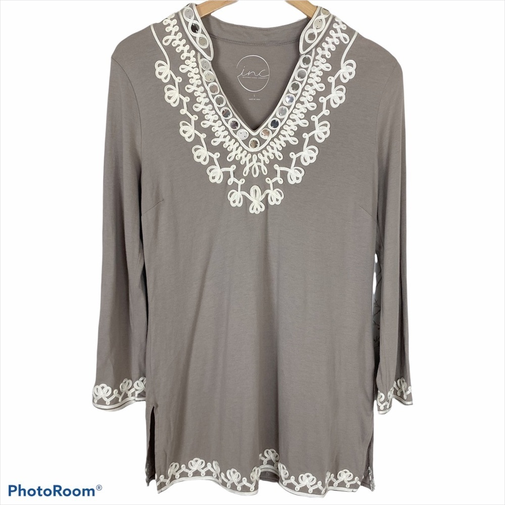 INC International Concepts Taupe Embellished Pima Cotton V-Neck Top Large